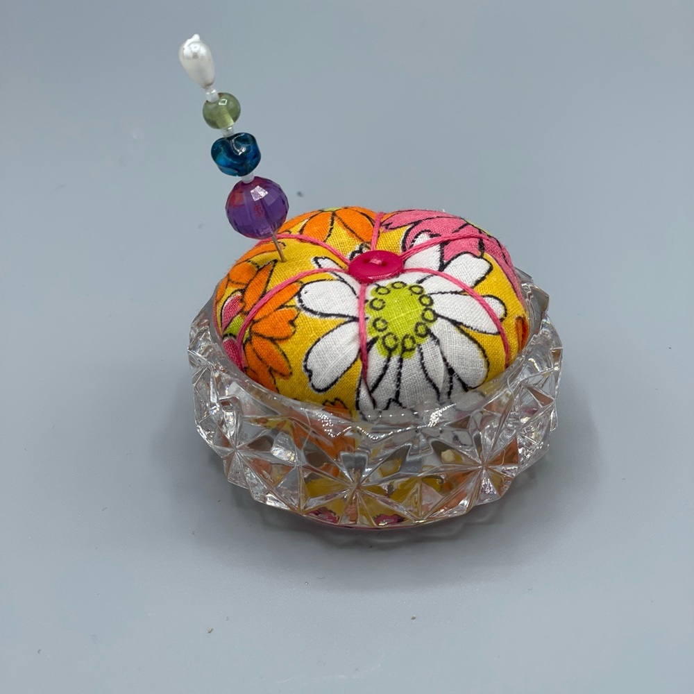 Handmade Colorful Floral Pin Cushion Needle Holder with Crystal Base